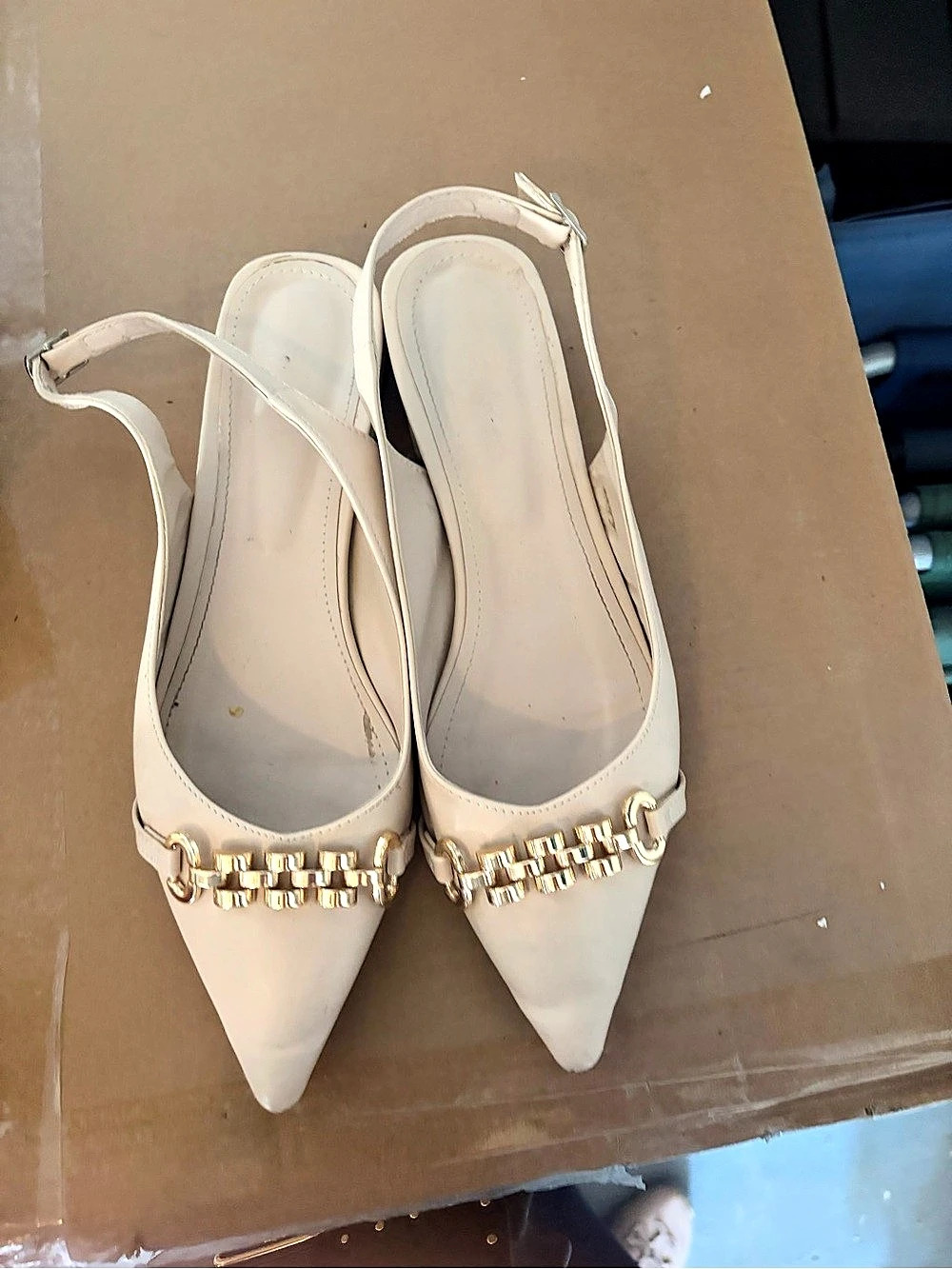 Pointed-Toe Slingback Heels in Beige/White